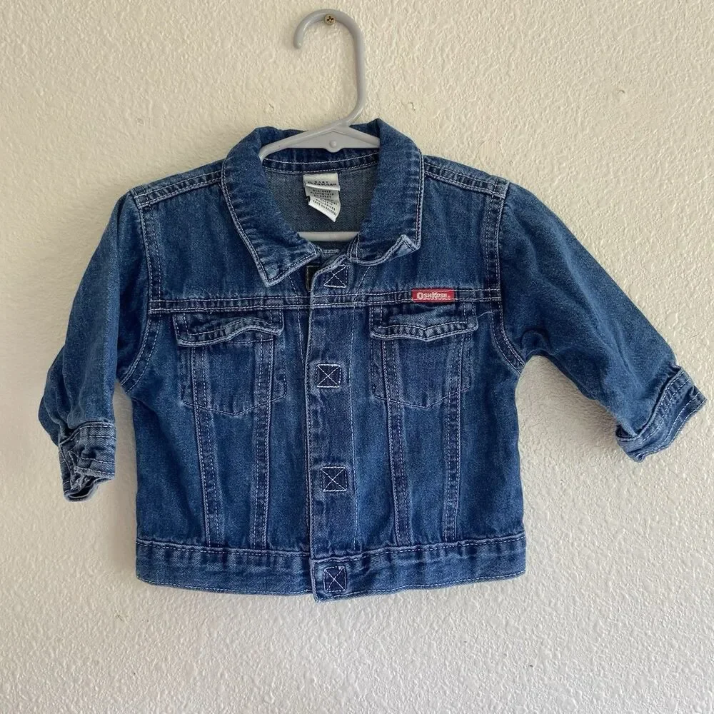 Vintage Oshkosh Denim Jacket Kids 6/9 Month Truck Repair Embroidered